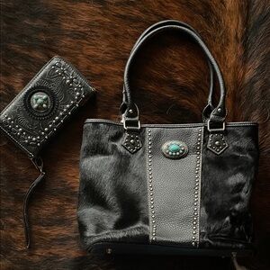 Black leather and hair on hide Tote with Turquoise Detail